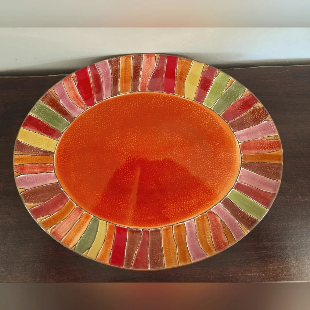 Pier 1 Imports Wavy Stripe Oval Serving Platter Handpainted Stoneware 16